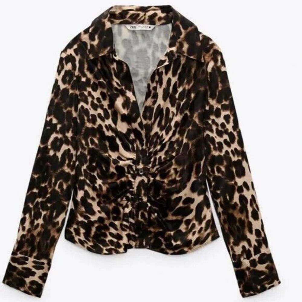 Zara Blouse M Medium Satin Shirt Animal Print Brown Long Sleeve Collared V-Neck